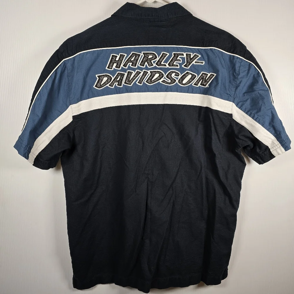 Harley-Davidson Men's Vintage Blue and Black Button Down Shirt Size L Moto - Picture 2 of 14